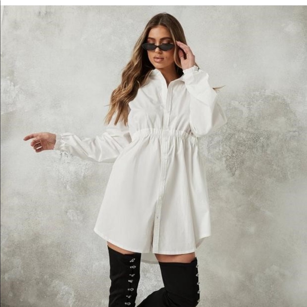 White Elasticated Shirt Dress